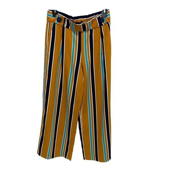Zara‎ TRF Mustard Striped Wide Leg Culotte Cropped Pull On Pants Size Small - Picture 3 of 10